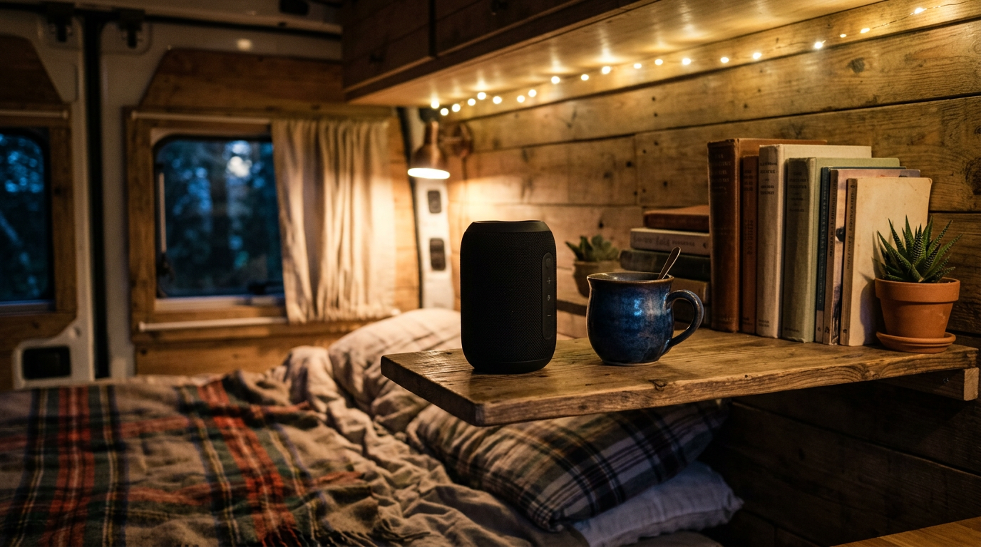 Compact Bluetooth speaker on a shelf inside a warm camper van at night