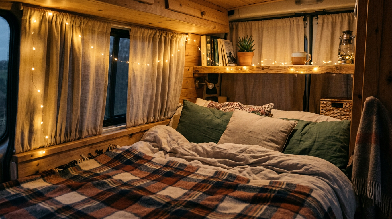 Warm USB fairy lights around a cosy van bed and shelf
