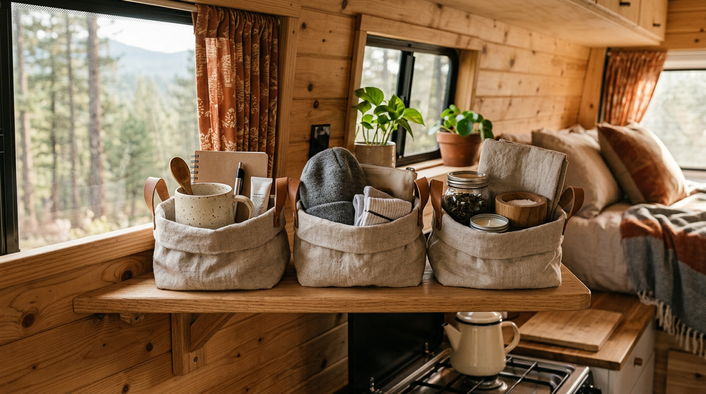 Fabric storage baskets tucked onto a shelf in a cosy van interior