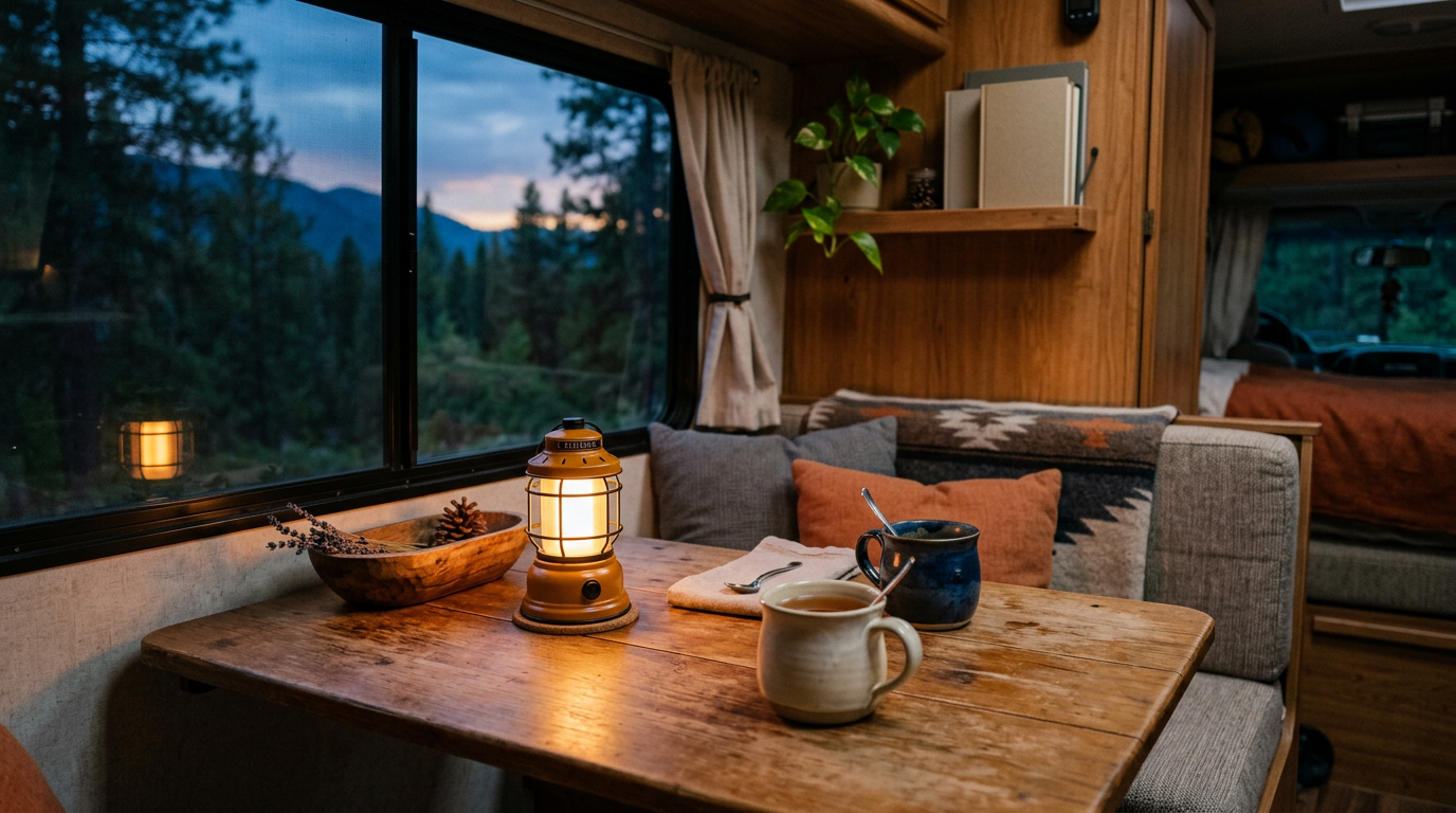 Rechargeable table lantern glowing on a camper van table at dusk