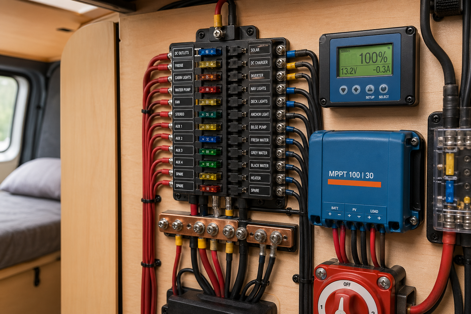 Blue Sea Systems fuse block mounted on a plywood panel in a camper van with neatly labelled wires running into colour-coded fuses
