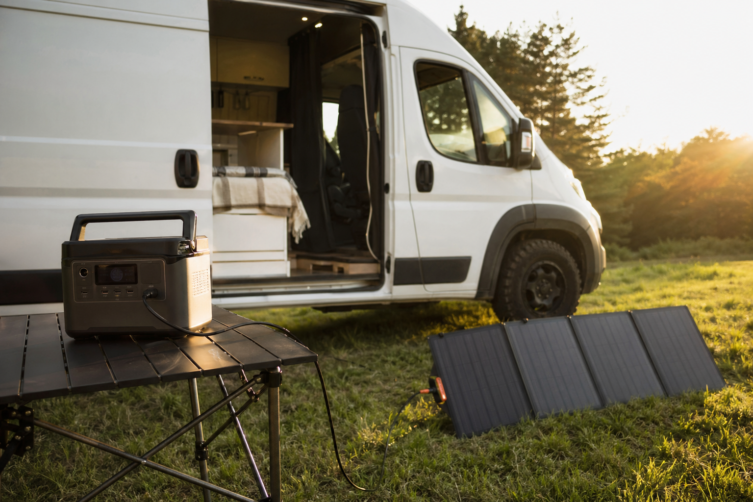 Portable power station on a folding camp table outside a parked camper van with a small folding solar panel charging it in the sunshine