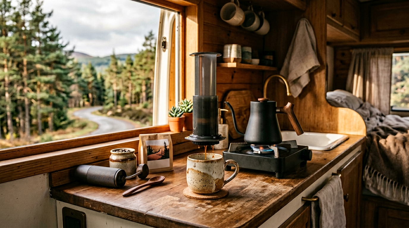 AeroPress style coffee maker in a cosy camper van kitchen