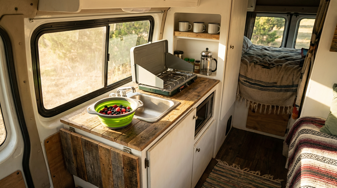 Collapsible silicone colander in a compact camper van kitchen