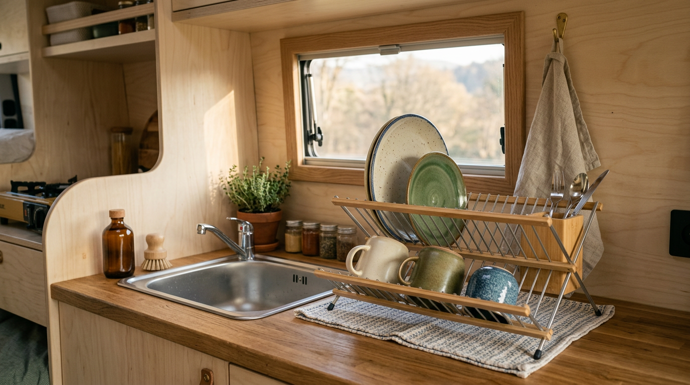 Fold-flat dish drying rack beside a sink in a camper van kitchen