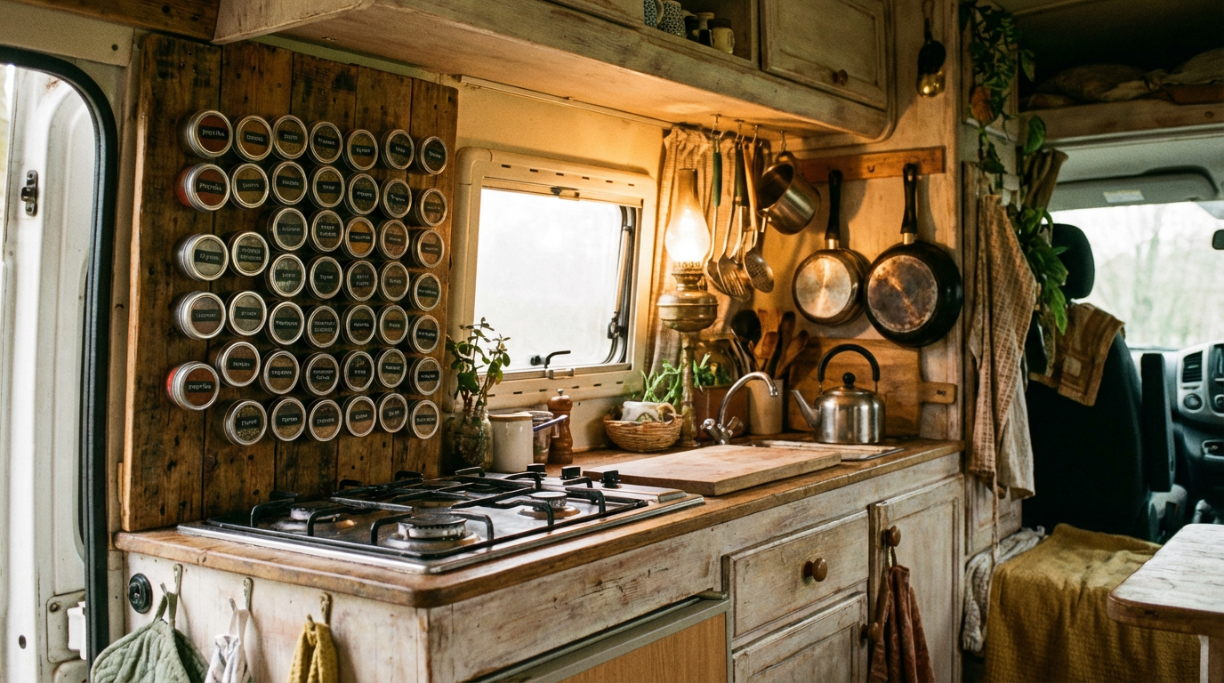 Magnetic spice tins mounted neatly in a camper van kitchen