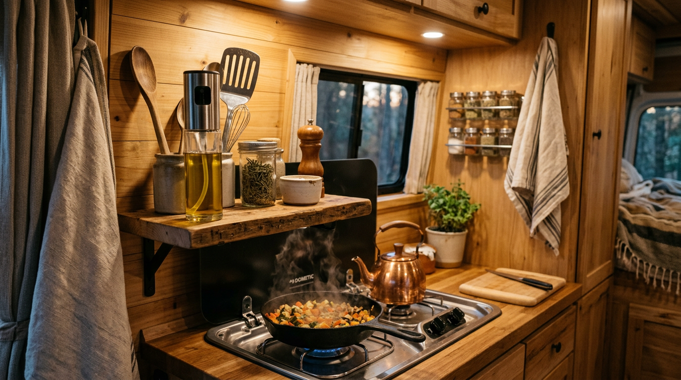 Refillable oil spray bottle on a van kitchen shelf beside a hob