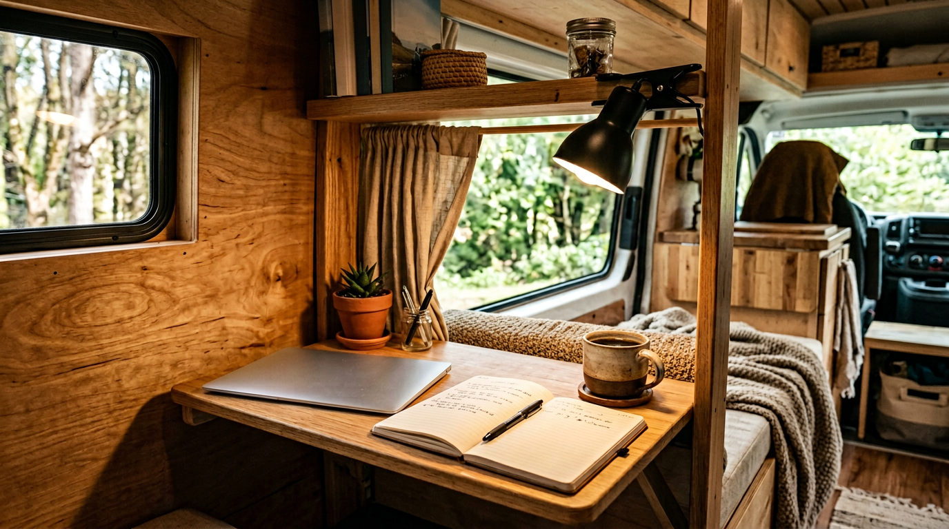 Clip-on task light over a compact camper van desk nook