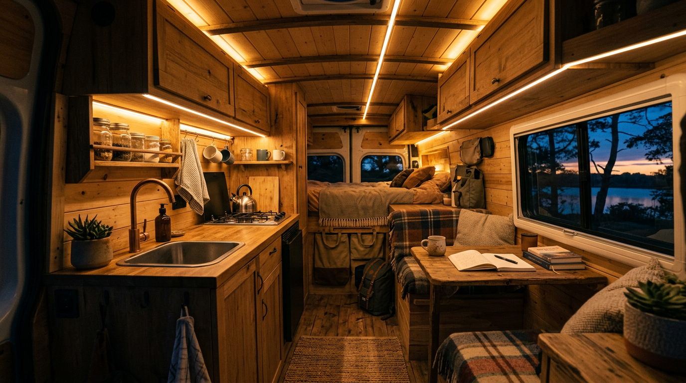 Warm dimmable LED strip lights in a cosy camper van interior