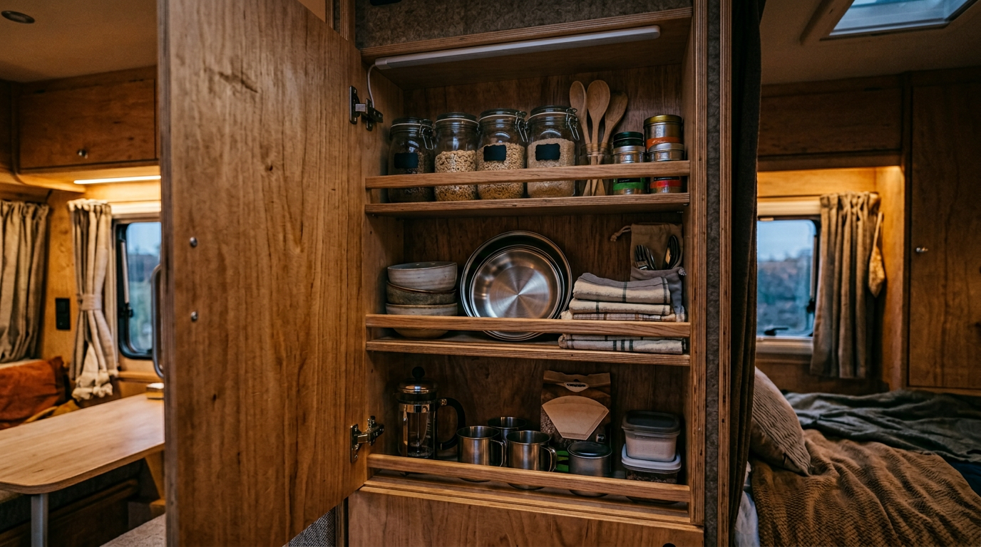 Motion sensor light illuminating a van storage cupboard