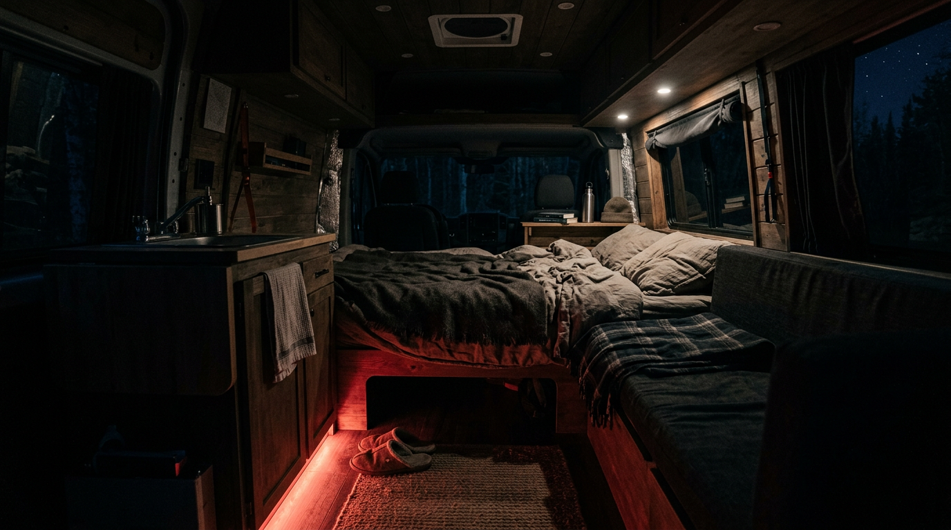 Soft red night lighting glowing at floor level in a camper van