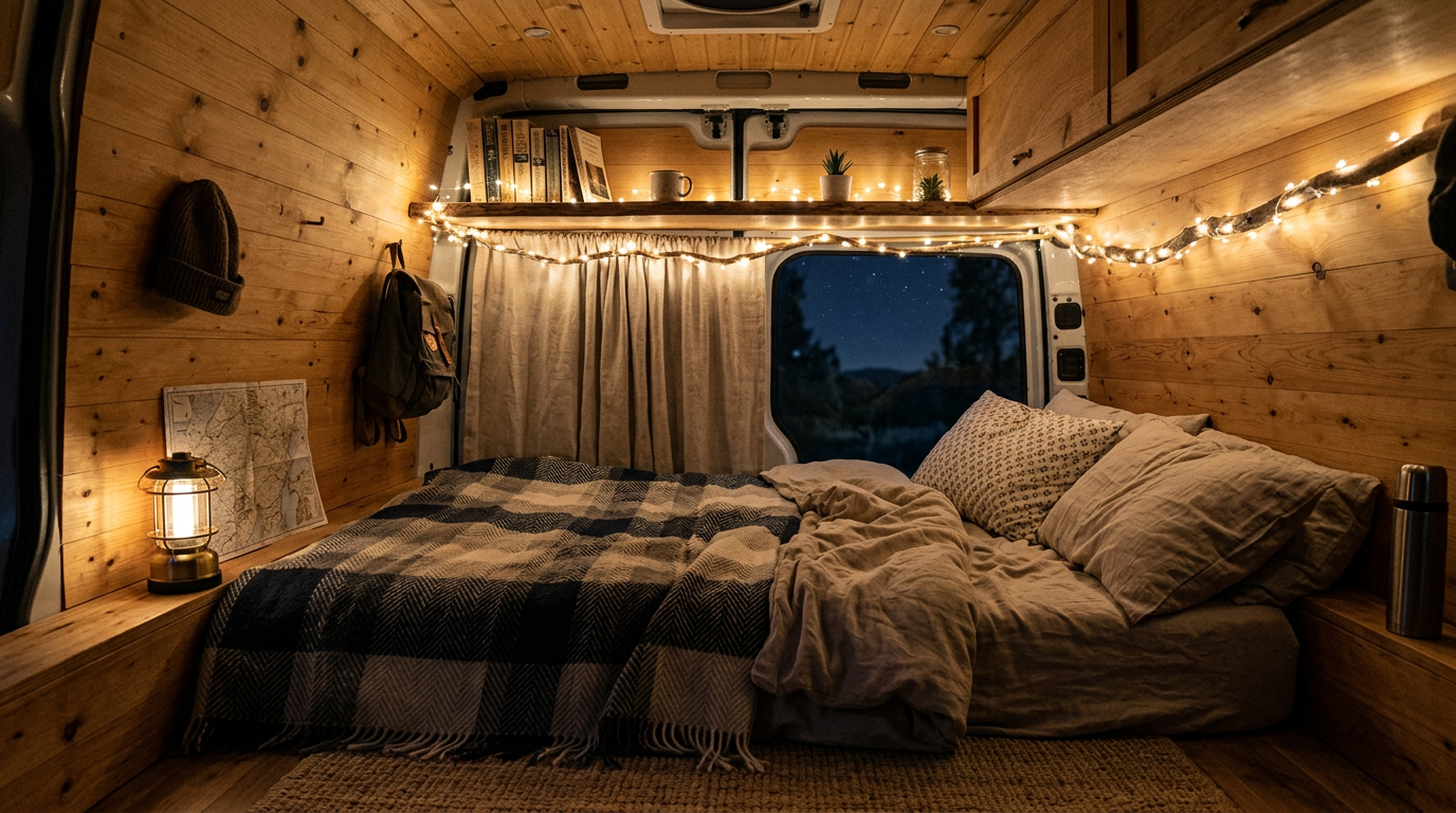 USB fairy lights adding warm glow around a van bed