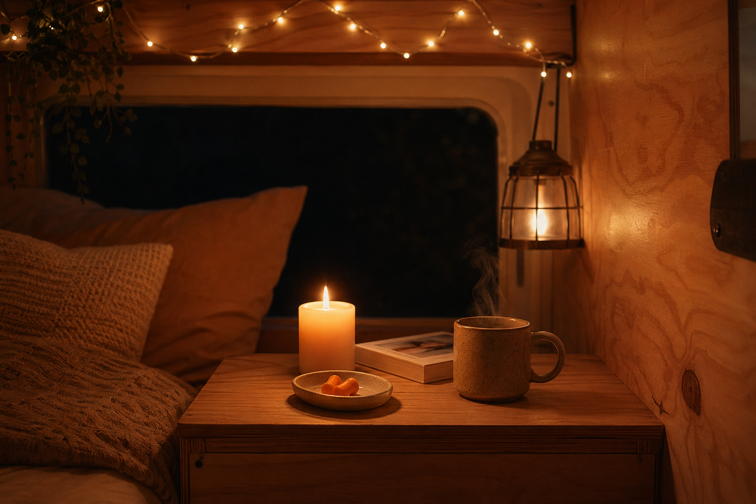 Foam ear plugs resting on a wooden shelf inside a camper van