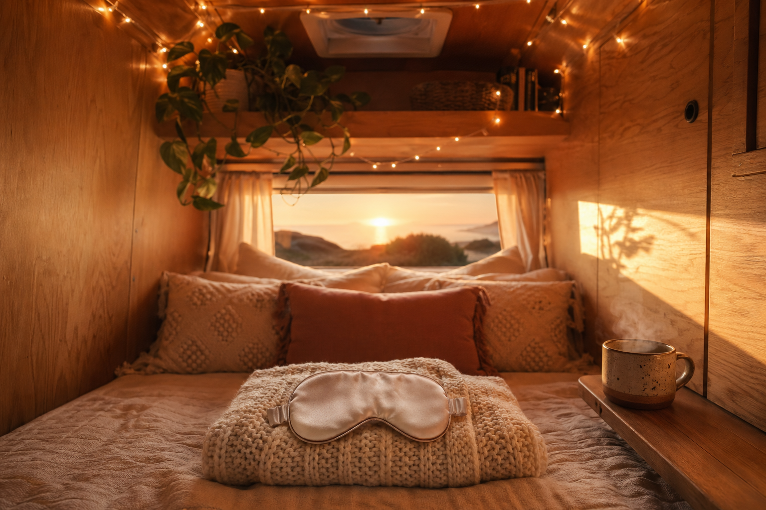 Contoured eye mask on a neatly made camper van bed