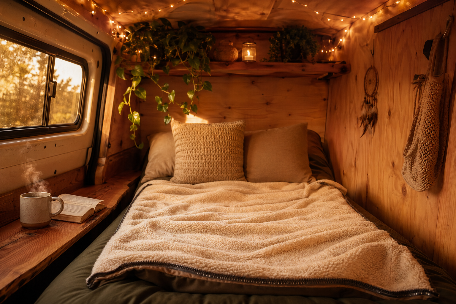 Fleece sleeping liner spread on a compact van bed